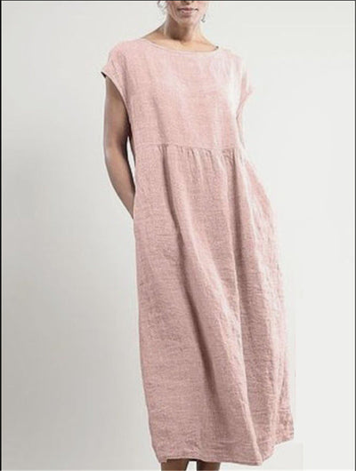 NTG Fad S / Pink Solid Color Sleeveless Loose Cotton Linen Pocket Dress