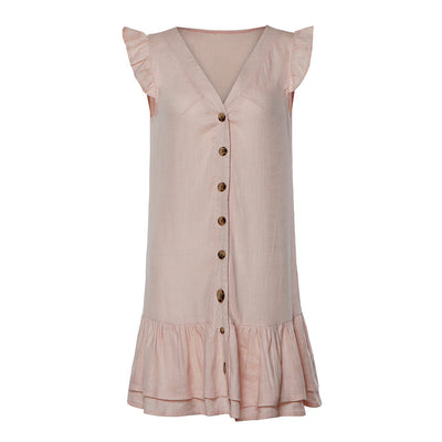 NTG Fad S / Pink V-Neck Single-Breasted Double-Hem Cotton And Linen Dress