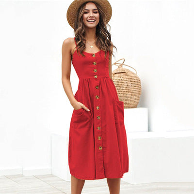 NTG Fad S / Red Casual Sundress Female Beach Dresses Midi Button Backless Polka Dot Striped Summer Dress