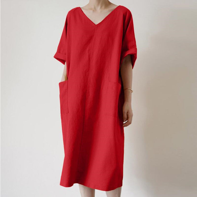NTG Fad S / Red Cotton Casual Solid Color Long Women's Loose V-Neck Sundress