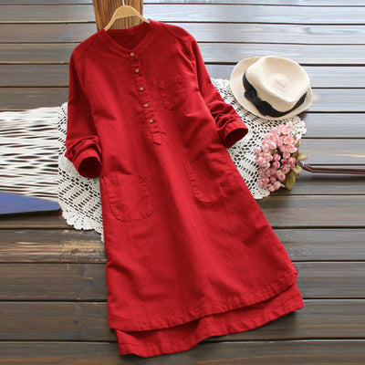 NTG Fad S / Red Cotton Linen Shirt Casual Long Robe