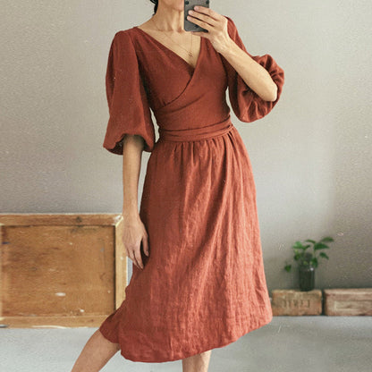 NTG Fad S / Red Elegant Cotton Linen Sexy V-Neck Puff Sleeve Dresses With Pockets