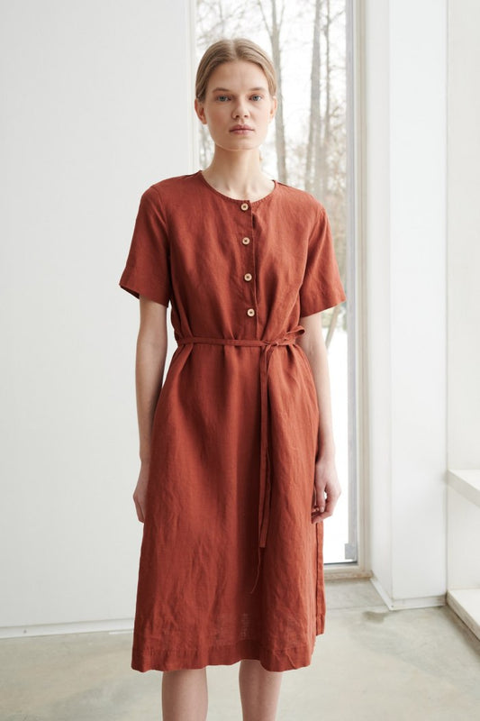 NTG Fad S / Red Simplistic Timeless Cut Detachable Belt Buttons Bloom Terracotta Dress