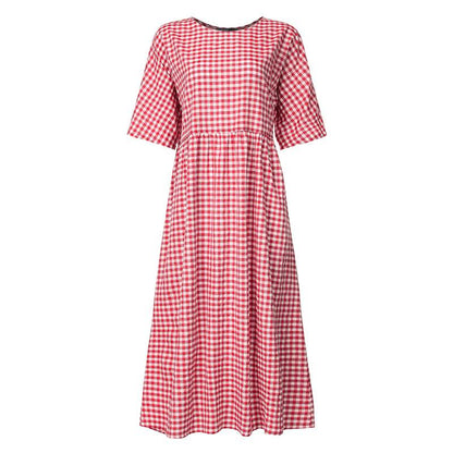 NTG Fad S / Red Vintage Plaid Check Casual Cotton Linen Maxi Beach Party Sundress