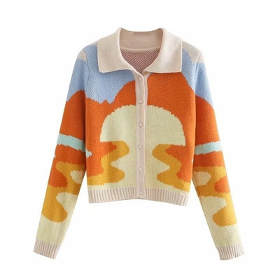 NTG Fad S / Sunset Vintage Cardigan Women Knitted Chic Single Breasted Turn-down Collar Cardigans House Palm Pattern Sunny Sweaters