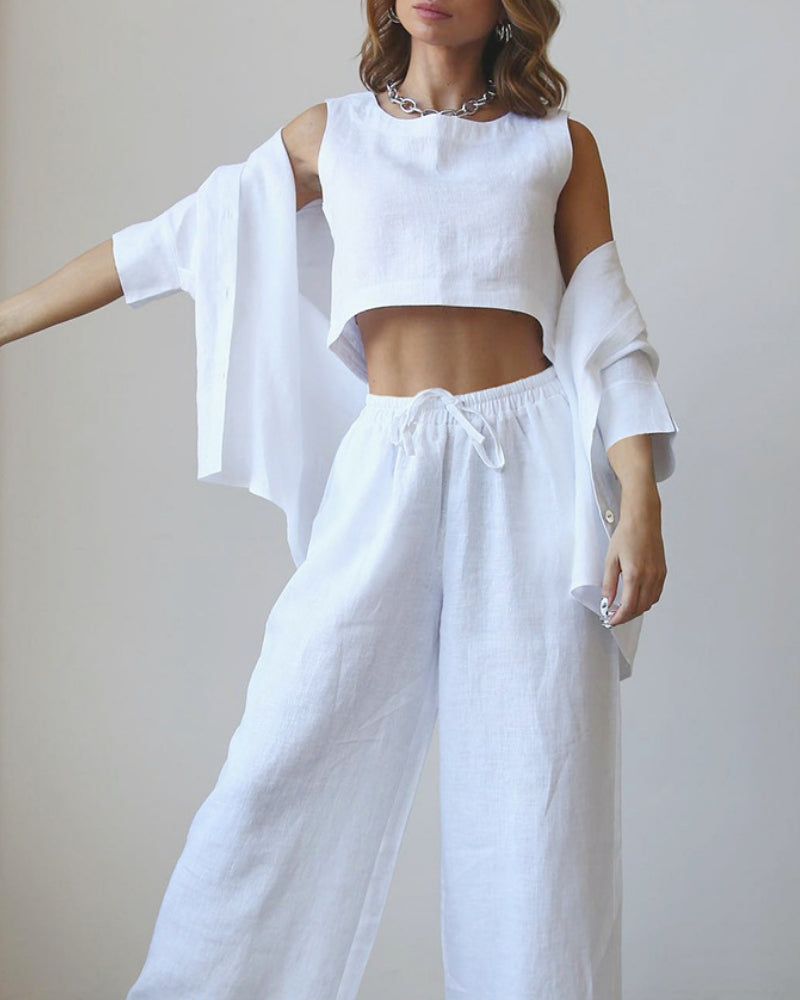 NTG Fad S / White 100% COTTON WOMAN 3 PIECES SET CASUAL TANK TOP +SHIRT+ HIGH WAIST PANTS