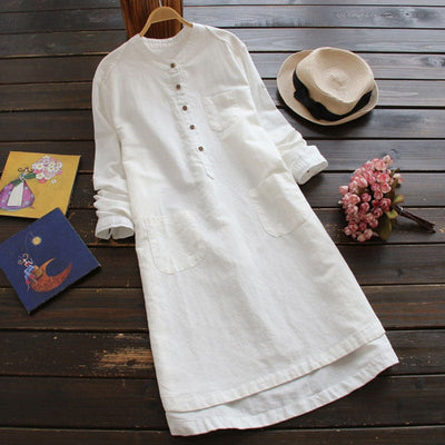 NTG Fad S / White Cotton Linen Shirt Casual Long Robe