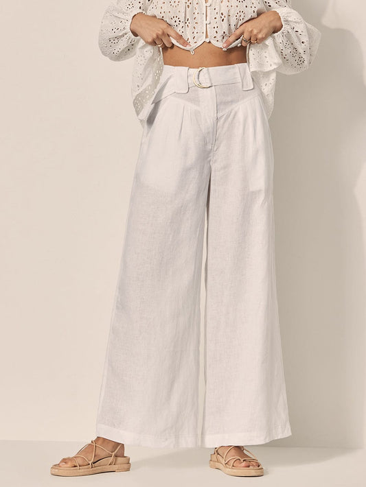 NTG Fad S / White LINEN COTTON BELTED PANTS