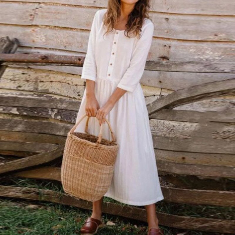 NTG Fad S / White Linen O-Neck Button Dress