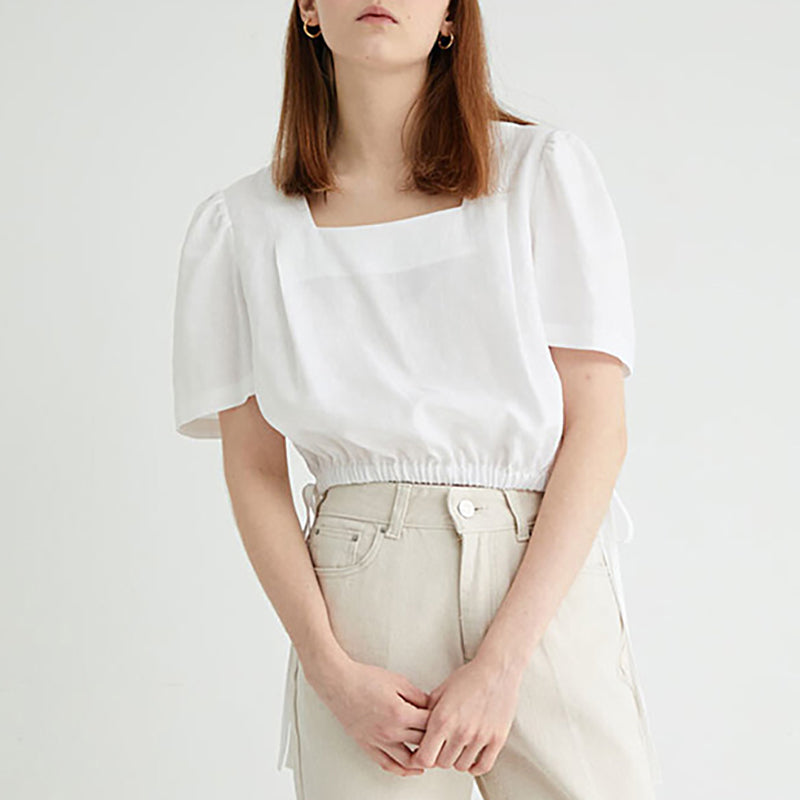 NTG Fad S / White Linen Short Sleeve Niche Loose Cropped Lace-Up Top