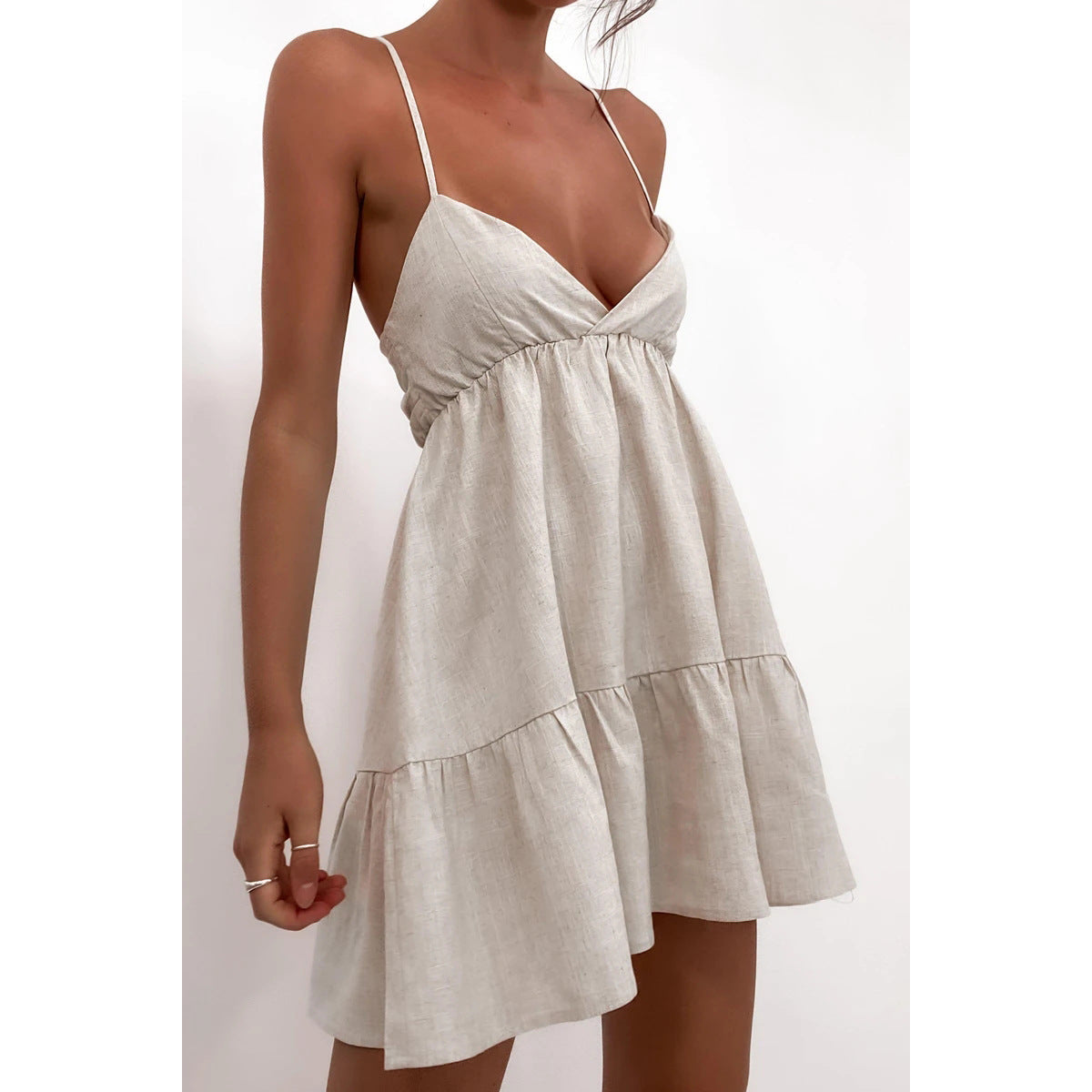 NTG Fad S / White Sexy Spaghetti Strap Khaki Linen Lady Summer Bodycon Sleeveless Mini Dress
