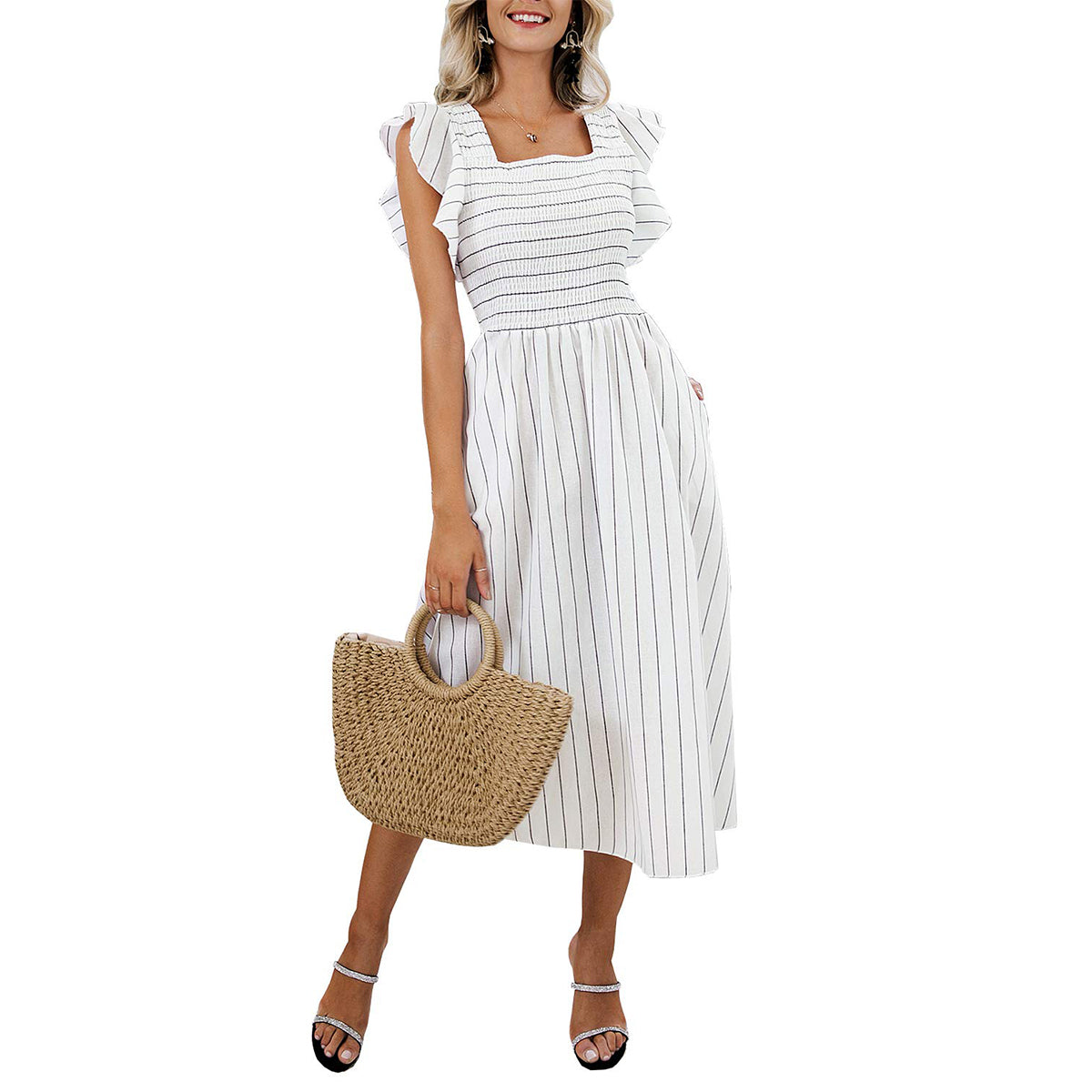 NTG Fad S / White Stripes Elegant Striped Cotton Linen Dress