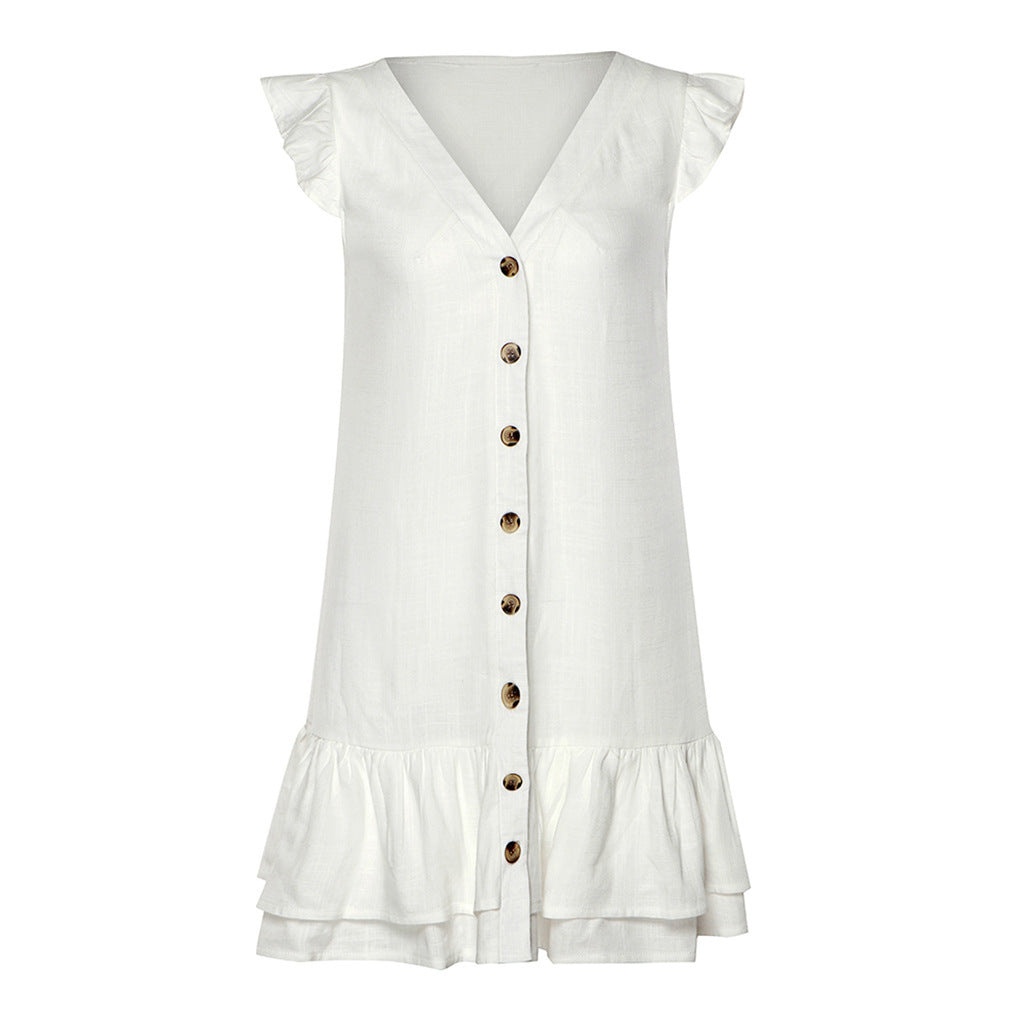 NTG Fad S / White V-Neck Single-Breasted Double-Hem Cotton And Linen Dress
