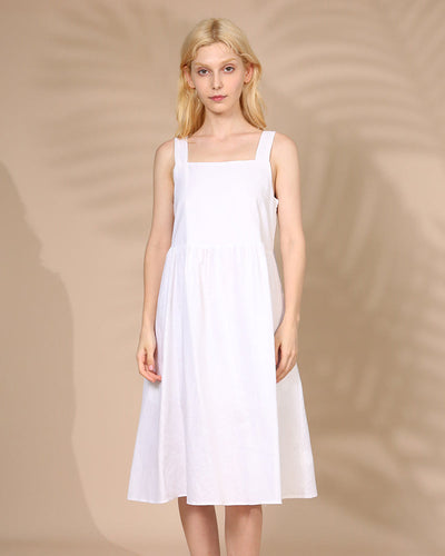 NTG Fad S / White VINTAGE COTTON LINEN SOLID CASUAL LOOSE SQUARE COLLAR SLEEVELESS BACKLESS DRESS