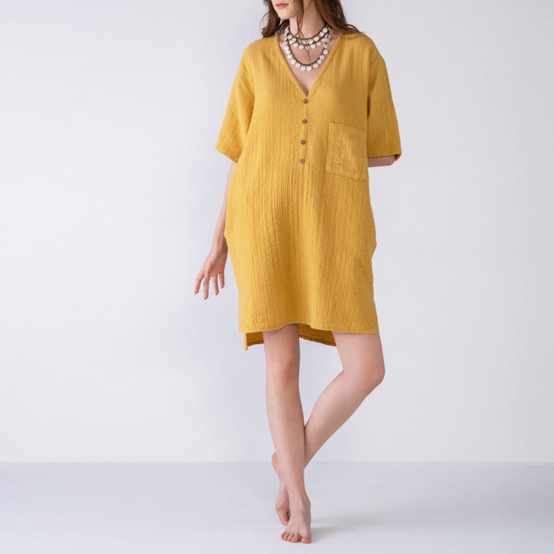 NTG Fad S / Yellow 100% Cotton Gauze Sexy V-Neck Button Up Summer Elegant Casual Dress