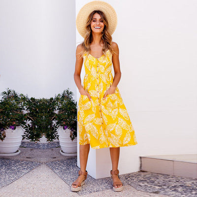 NTG Fad S / Yellow Casual Sundress Female Beach Dresses Midi Button Backless Polka Dot Striped Summer Dress