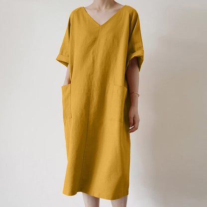 NTG Fad S / Yellow Cotton Casual Solid Color Long Women's Loose V-Neck Sundress