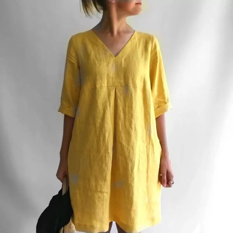 NTG Fad S / Yellow Cotton Linen Sexy Dress