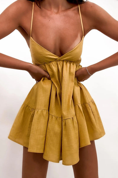 NTG Fad S / Yellow Sexy Spaghetti Strap Khaki Linen Lady Summer Bodycon Sleeveless Mini Dress