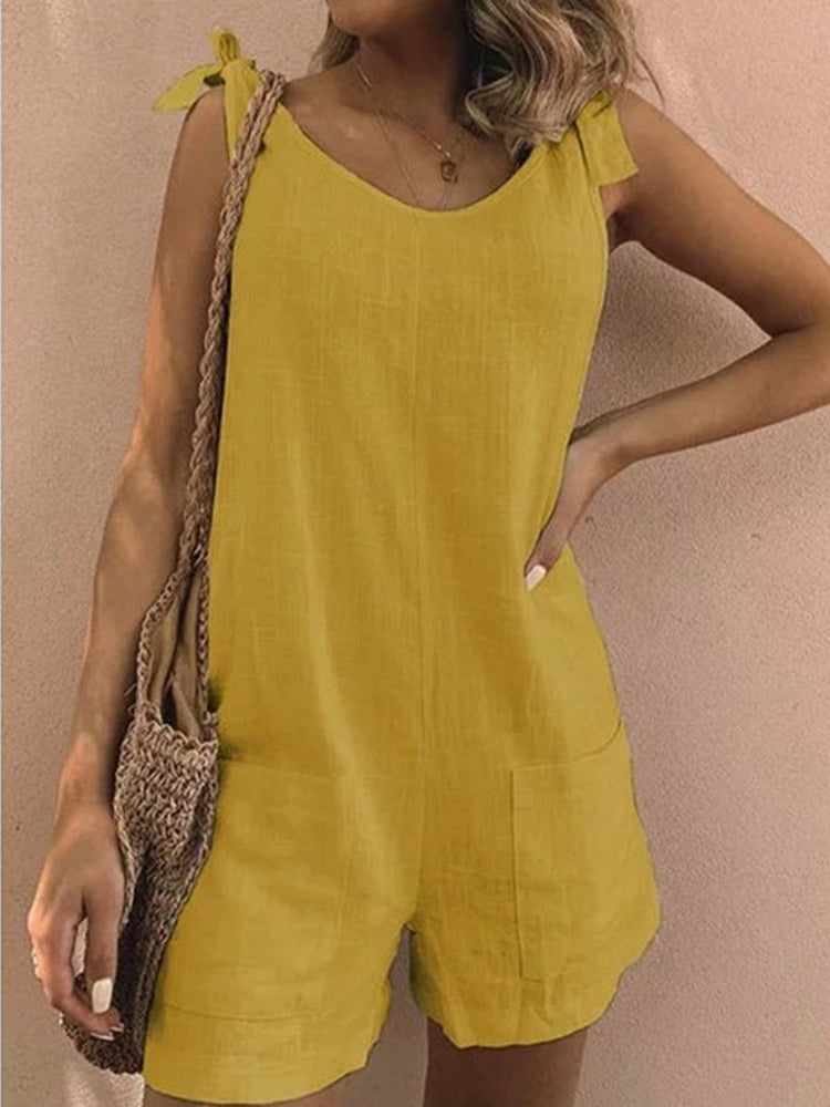 NTG Fad S / Yellow Sleeveless Pockets Casual White Playsuit Shoulder Cotton Linen  Rompers