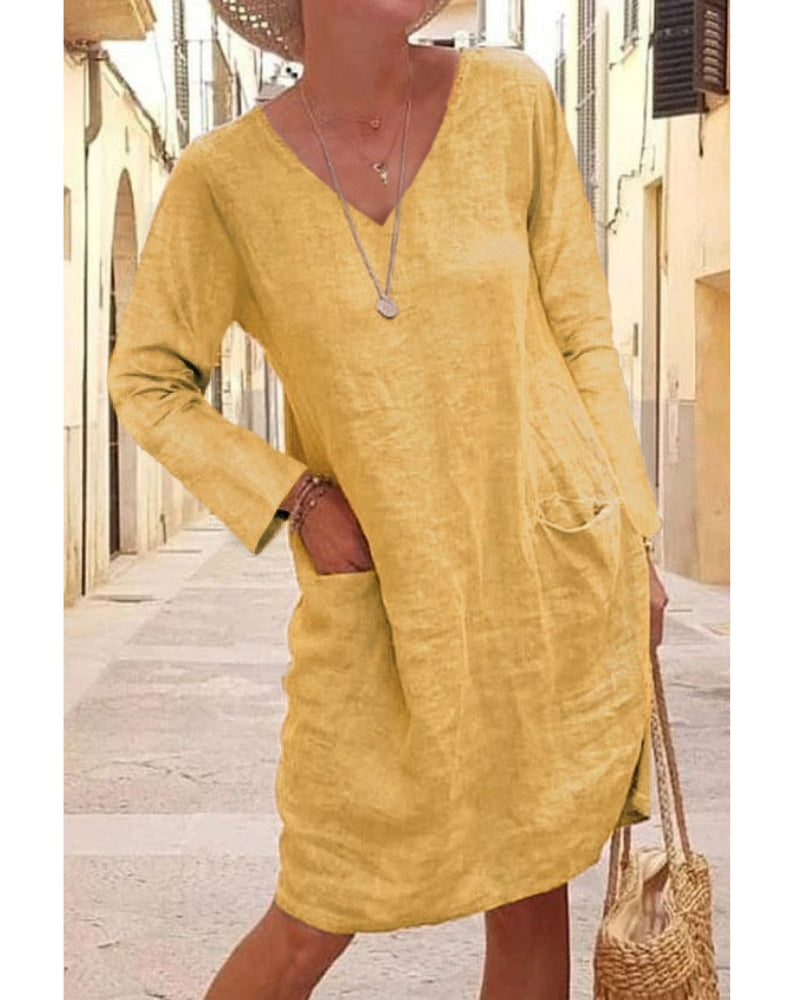 NTG Fad S / Yellow V-NECK COTTON LINEN DRESS