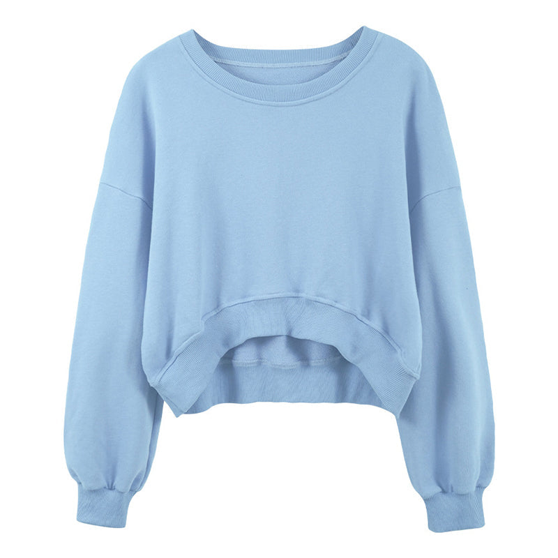 NTG Fad sky blue / S Chic 100% Cotton Women Cropped Sweatshirts Casual Loose Long Sleeve O-Neck Asymmetrical Female Hoodies Harajuku Pullover
