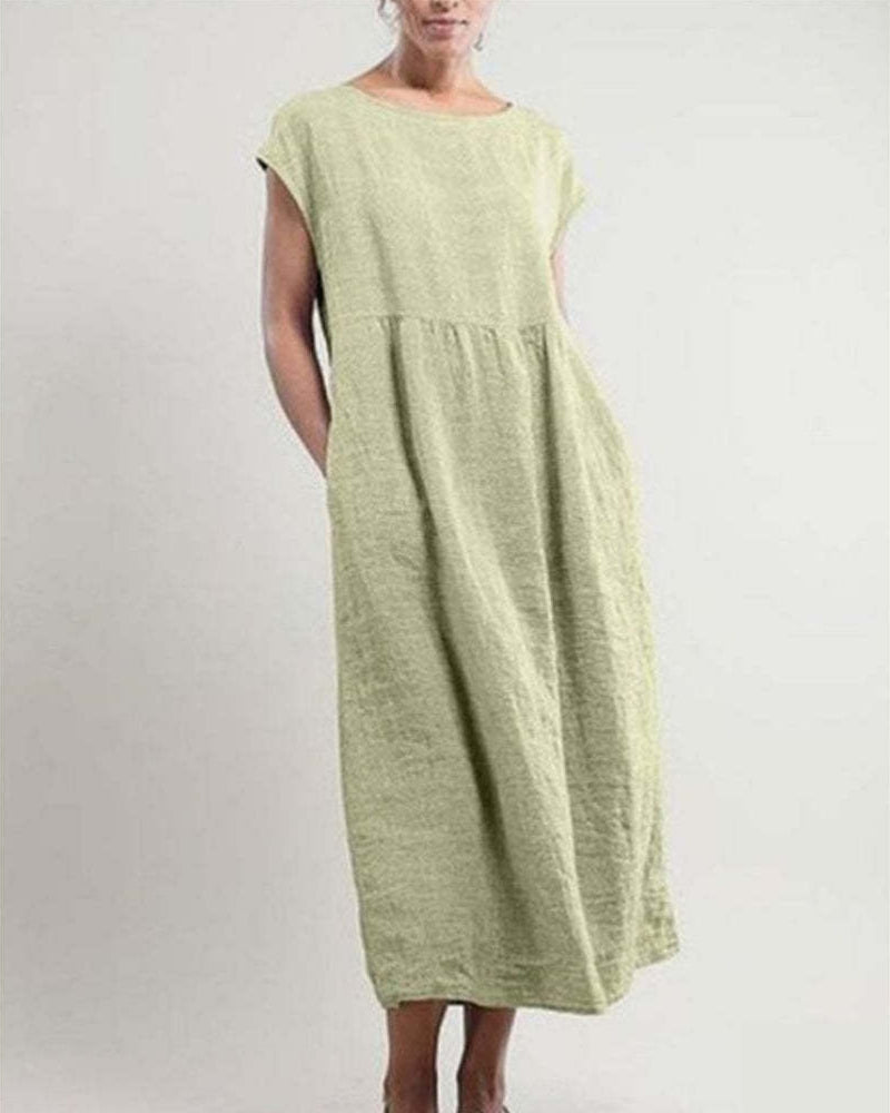 NTG Fad SOLID COLOR SLEEVELESS LOOSE COTTON LINEN POCKET DRESS