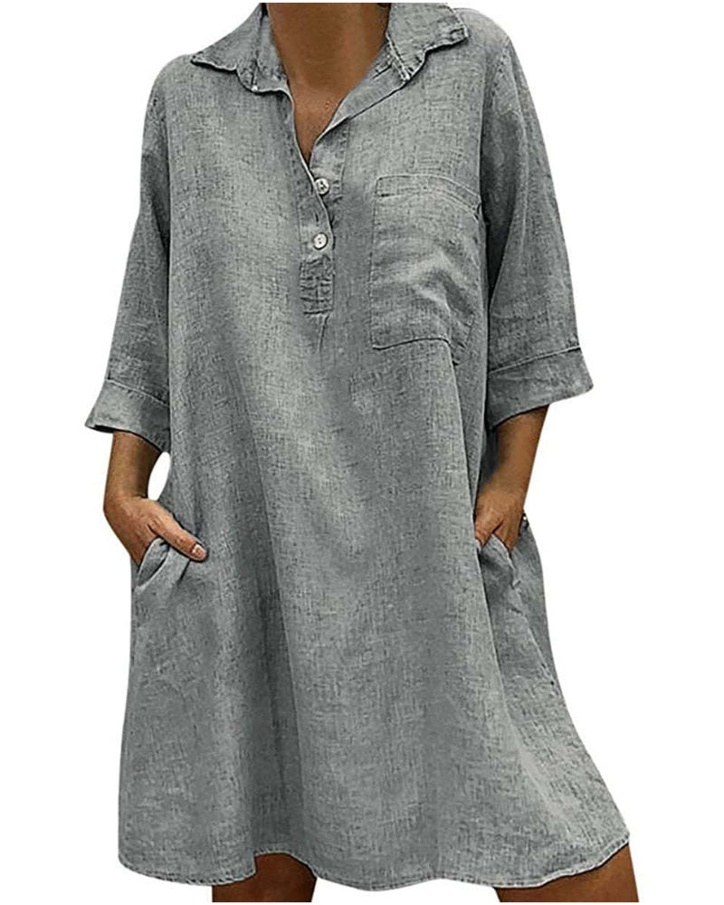 NTG Fad Solid Cotton Linen Casual Dress With Pockets