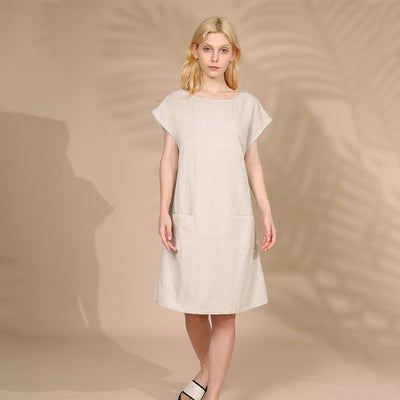 NTG Fad Solid Summer Women Casual Mid-Calf Linen Short Dress With Pockets
