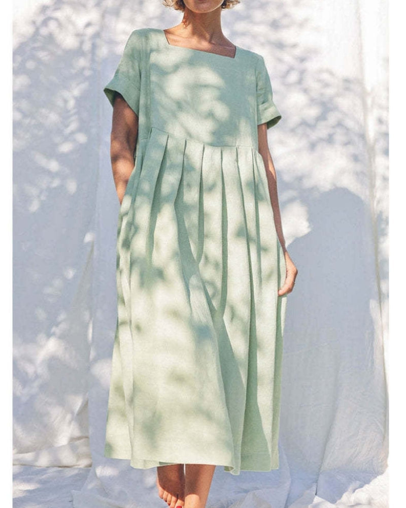 NTG Fad Square Neck Women's Design Linen Pleated Long Dress