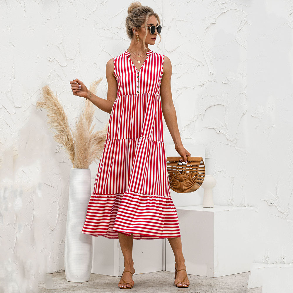 NTG Fad Stripe V Neck Casual Loose Button Type Stitching Ruffled Sleeveless Ladies Dress