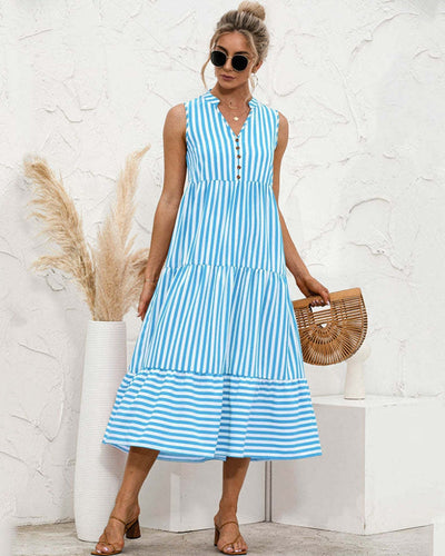 NTG Fad STRIPE V NECK CASUAL LOOSE BUTTON TYPE STITCHING RUFFLED SLEEVELESS LADIES DRESS