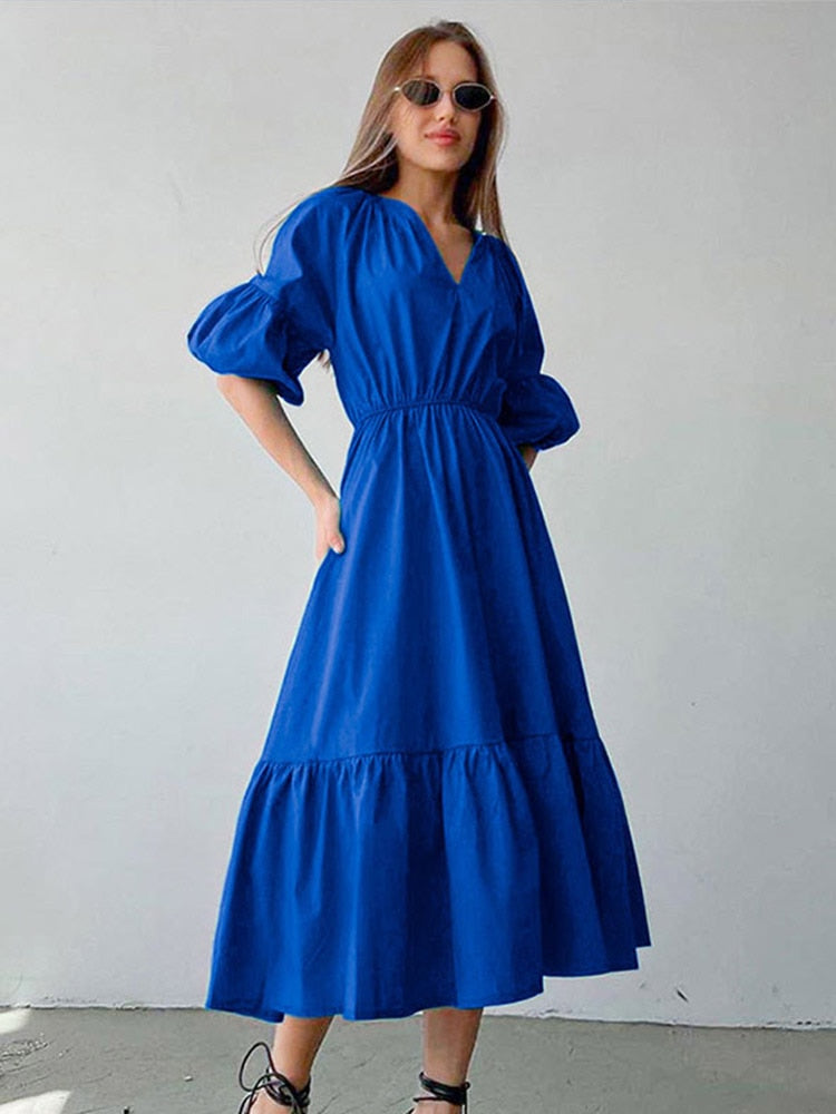 NTG Fad Summer Women's Elegant A-Line Dresses 2022 V-Neck Puff Sleeve Collect Waist Ruffle Female Dress Fashion Blue Lady Party Vestido