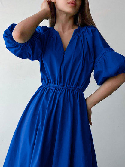 NTG Fad Summer Women's Elegant A-Line Dresses 2022 V-Neck Puff Sleeve Collect Waist Ruffle Female Dress Fashion Blue Lady Party Vestido