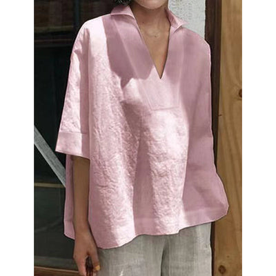 NTG Fad V Neck Cotton Linen Short Sleeve Women Blouse Tops
