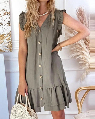 NTG Fad V-Neck Single-Breasted Double-Hem Cotton And Linen Dress