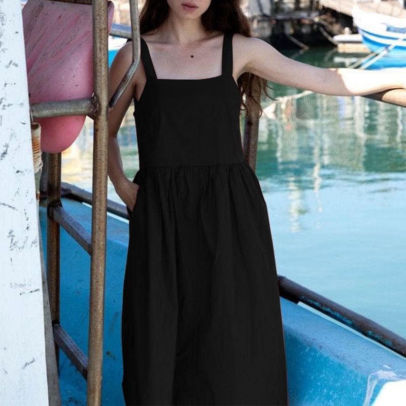 NTG Fad Vintage Cotton Linen Solid Casual Loose Square Collar Sleeveless Backless Dress