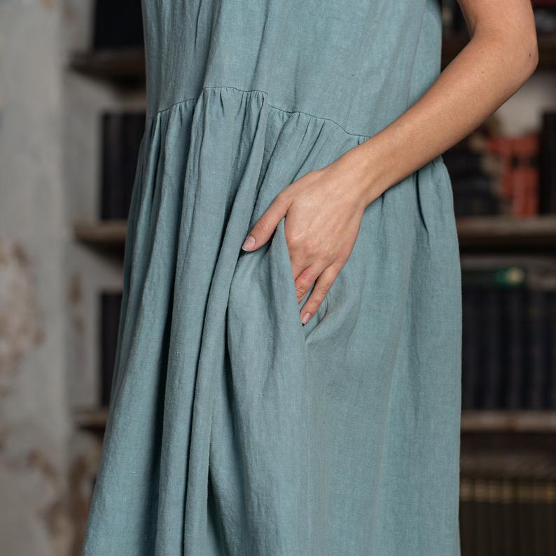 NTG Fad Vintage Cotton Linen Women Dress Casual Loose O-Neck Short Sleeve Fashion  Maxi Dress