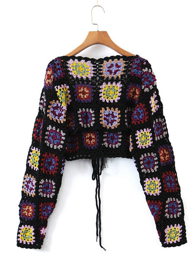 NTG Fad Vintage Ethnic Style Contrast Color Hand Woven Lace Up Cardigan Women New Spring Bat Sleeve Knitted Sweater Crop Top Coat