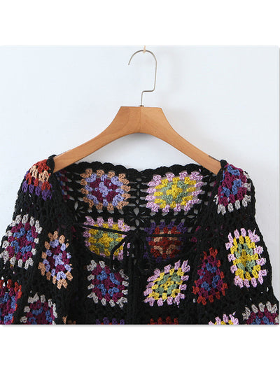 NTG Fad Vintage Ethnic Style Contrast Color Hand Woven Lace Up Cardigan Women New Spring Bat Sleeve Knitted Sweater Crop Top Coat