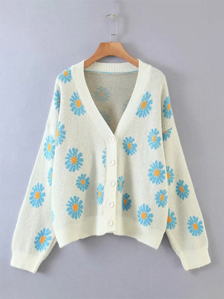 NTG Fad White 2 / one size Autumn College Cardigans Sweater Women Loose V Neck Flower Green Sweater Female Short Cute Casual Sweaters