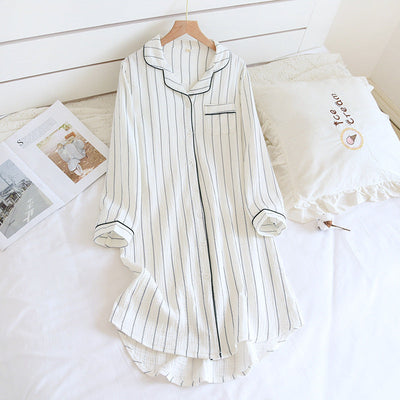 NTG Fad white / M Cotton Women Nightgowns Striped Gauze Double-layered Long sleeve Sexy Sleepwear Sleeping Dress Sleepshirts 122711WLA