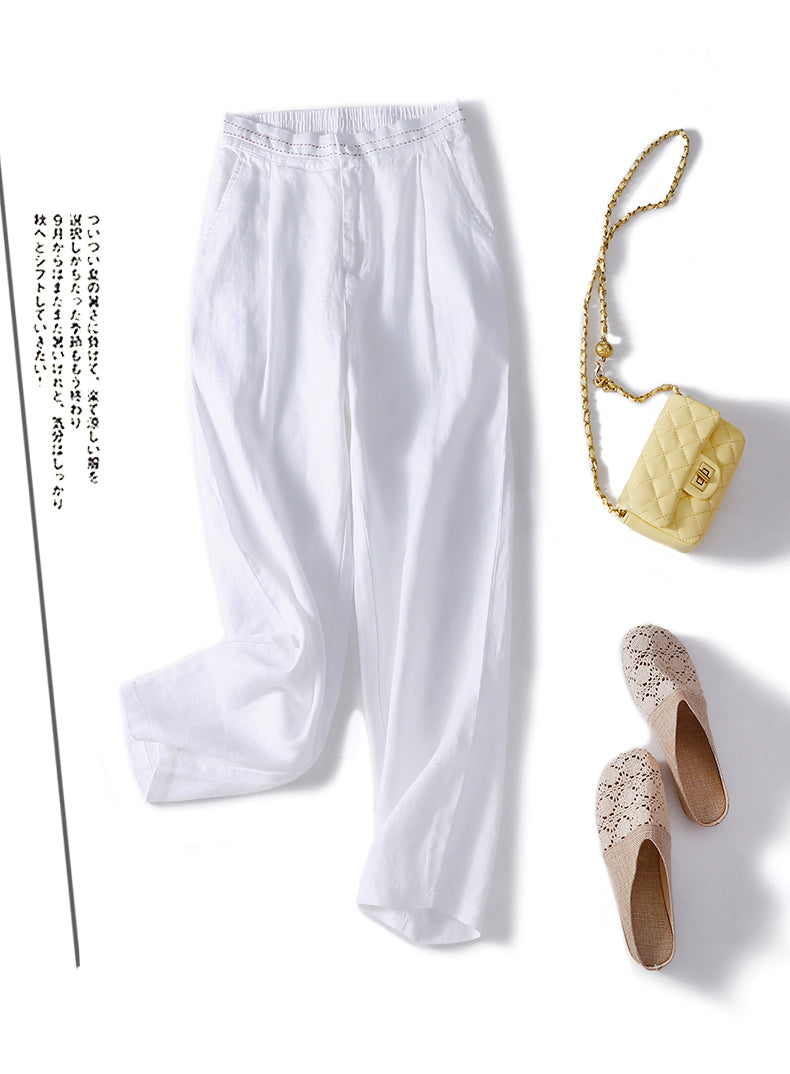 NTG Fad white / M Vintage Cotton Linen Pants Casual Elastic Waist Button Up  Sweatpants