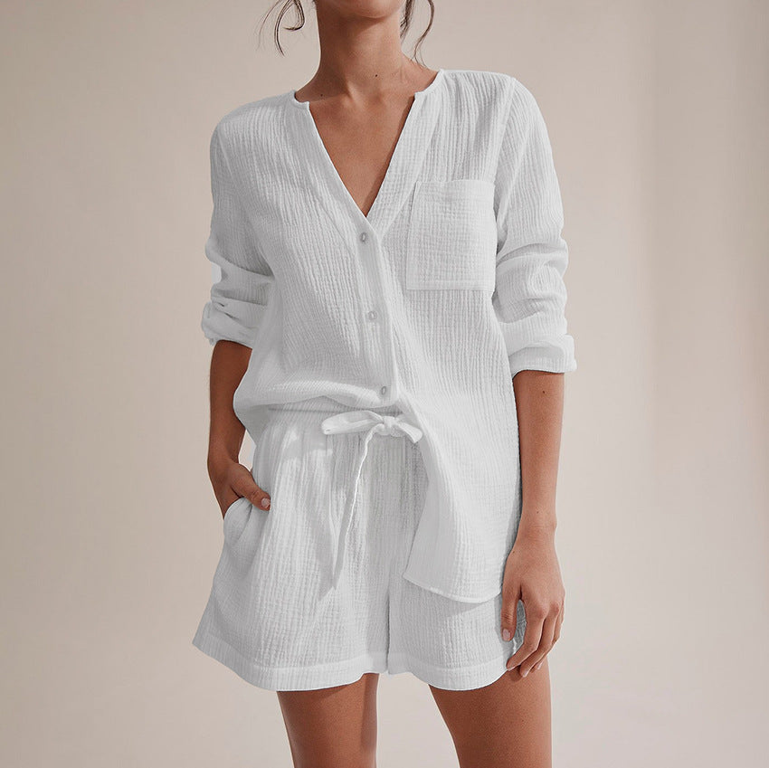 NTG Fad white / S 100% Cotton Elegant Two Piece Sets Womens Outifits Long Sleeve Button Up Tops + Shorts Set Casual Homewear Suits