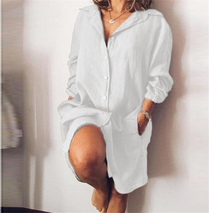 NTG Fad White / S 2022 Autumn Cotton Linen Women's Shirt Dress Long Sleeve Solid White Casual Dresses Female Summer Fashion Loose Ladies Clothes