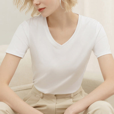 NTG Fad White / S 95% Katoen Zomer T-shirt Vrouwen Solid V-hals Korte Mouw Eenvoudige Basic Harajuku Vrouwelijke Tees Top Camisetas Verano Mujer