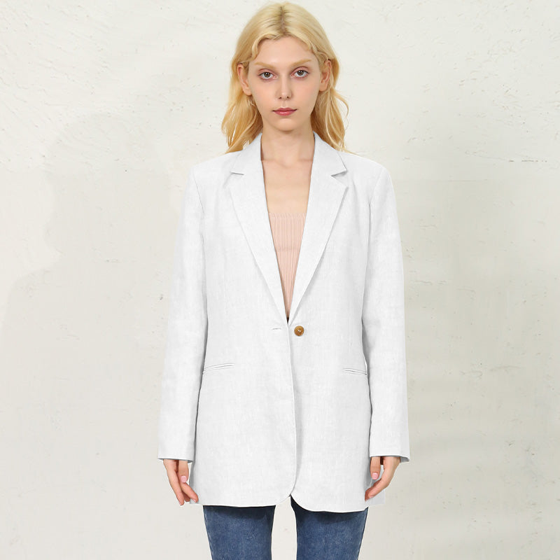 NTG Fad white / S Casual 100% Linen Blazer Woman Vintage Notched Collar Long Sleeve Elegant Womens Jacket  Autumn Coats Outerwear Casacos