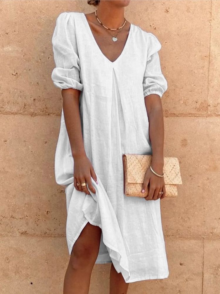 NTG Fad white / S Casual Loose Shirt Dress Women Summer Linen White Solid Color Dress