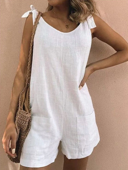 NTG Fad white / S Sleeveless Pockets Casual White Playsuit Shoulder Cotton Linen  Rompers