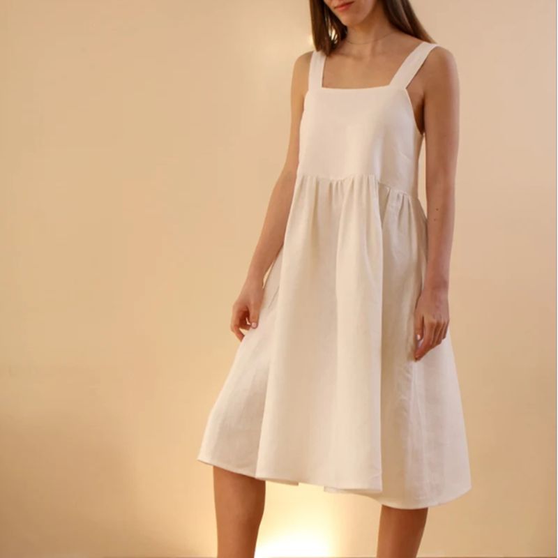 NTG Fad white / S Vintage Cotton Linen Solid Casual Loose Square Collar Sleeveless Backless Dress